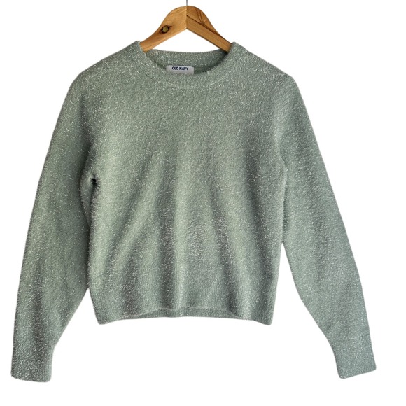 Old Navy Fuzzy Sparkly Sweater Knit Crew Neck Green Glam Small Comfy Holiday NWT - Picture 1 of 11